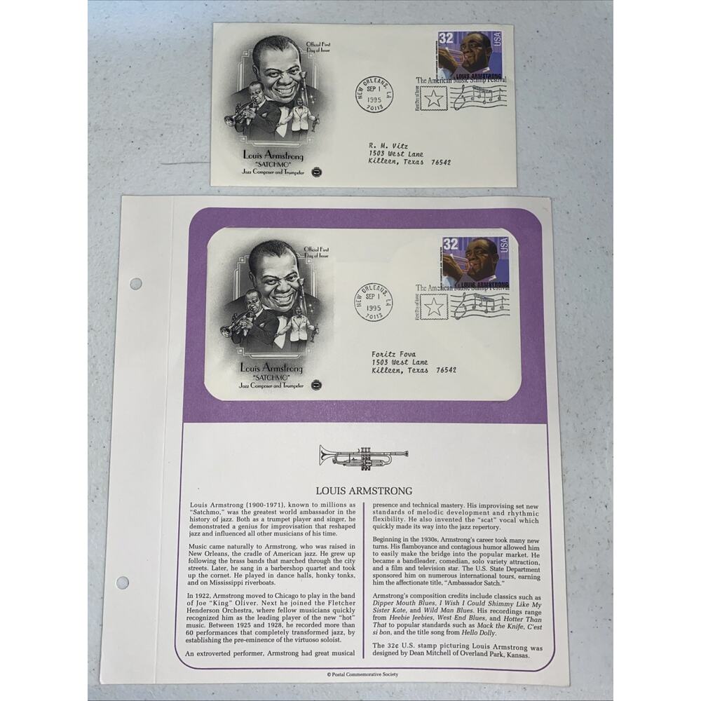 1995 Louis Armstrong Satchmo New Orleans 32c Stamped Envelopes Lot 2 First Day